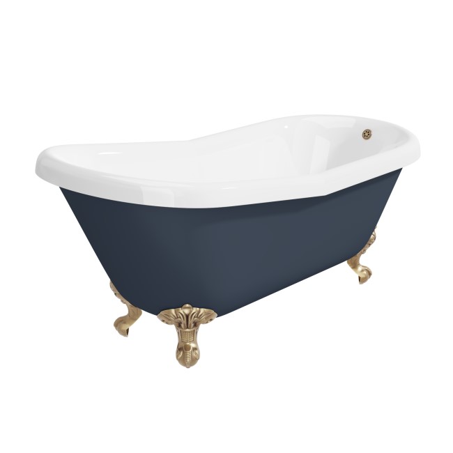 Blue Freestanding Single Ended Roll Top Slipper Bath with Brushed Brass Feet 1615 x 690mm - Baxenden