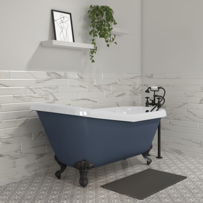 Blue Freestanding Single Ended Roll Top Slipper Bath with Black Feet 1615 x 690mm - Baxenden