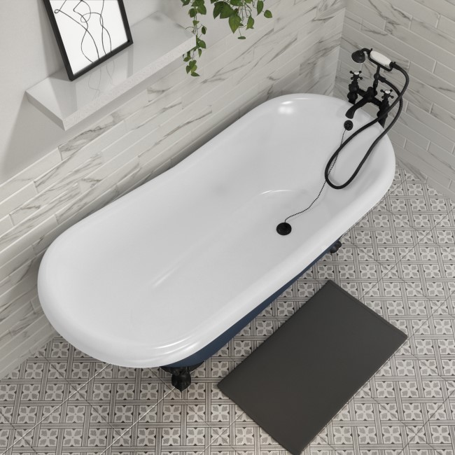 Blue Freestanding Single Ended Roll Top Slipper Bath with Black Feet 1615 x 690mm - Baxenden