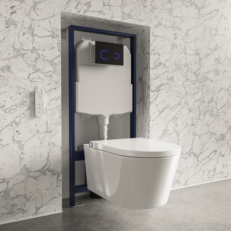 Wall Hung Smart Bidet Japanese Toilet with 1160mm Frame Cistern and Black Sensor Flush Plate - Purificare