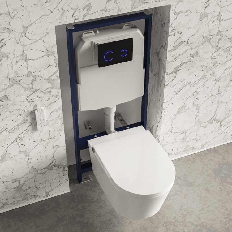 Wall Hung Smart Bidet Japanese Toilet with 1160mm Frame Cistern and Black Sensor Flush Plate - Purificare