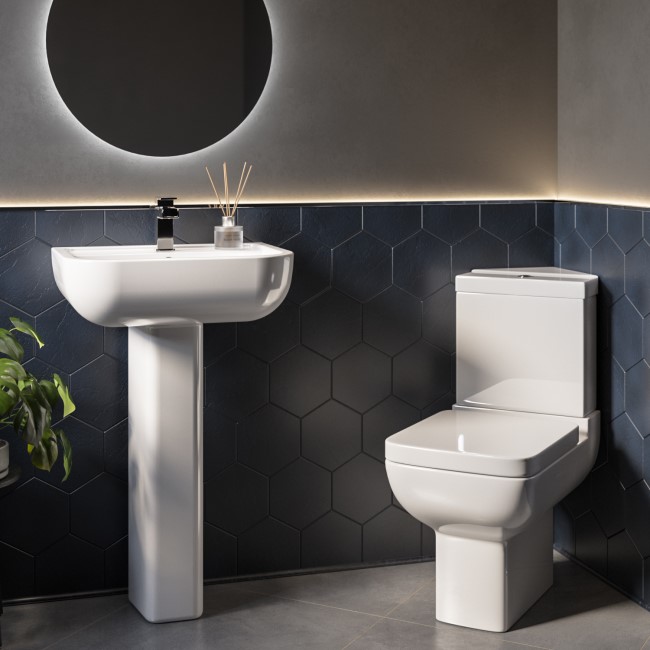 Close Coupled Corner Toilet and Full Pedestal Basin Bathroom Suite - Seren