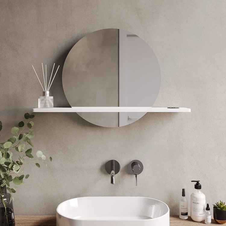 Round Backlit Heated Bathroom Mirror with Lights & White Shelf 500mm - Ersa