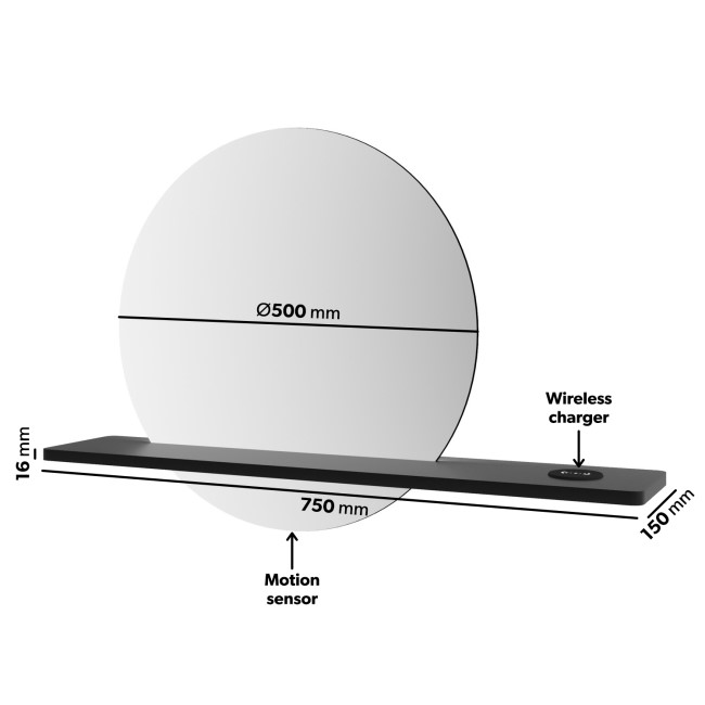 Round LED Bathroom Mirror with Black Shelf - 50cm - Ersa