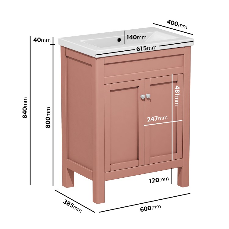 600mm Salmon Pink Freestanding Vanity Unit and Ashford Close Coupled Suite - Avebury