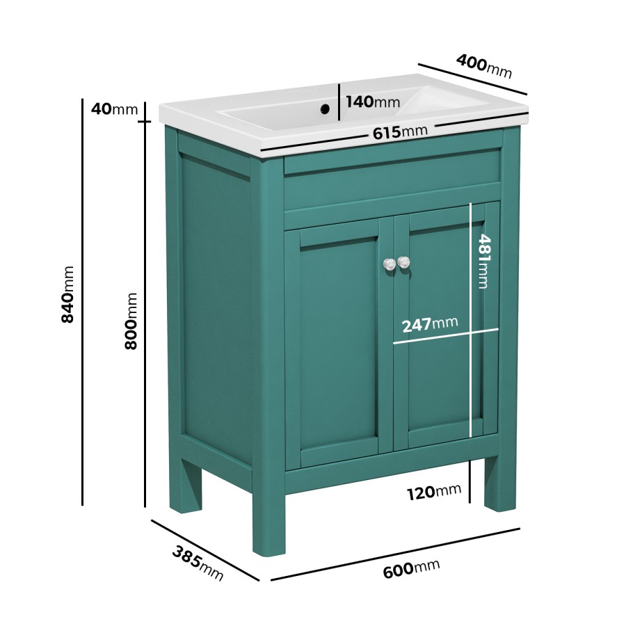 600mm Green Freestanding Vanity Unit with Basin - Avebury