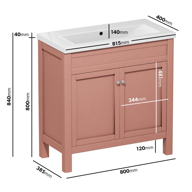 800mm Pink Freestanding Vanity Unit with Basin - Avebury