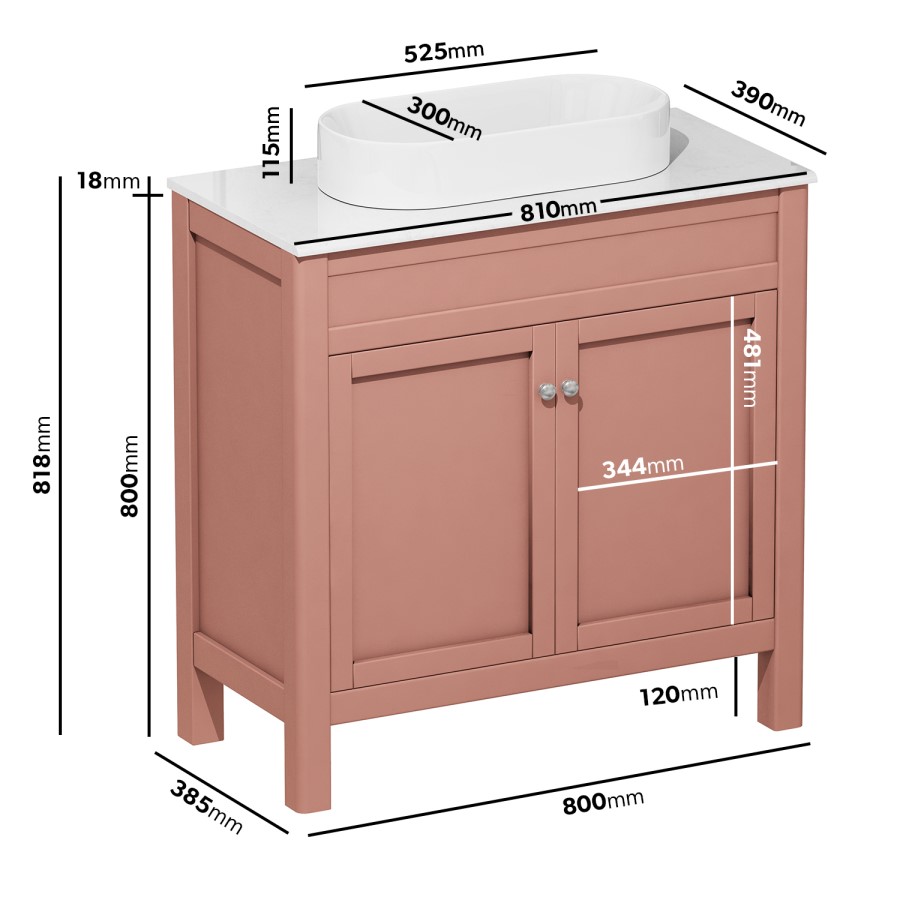 800mm Pink Freestanding Countertop Vanity Unit with Basin - Avebury