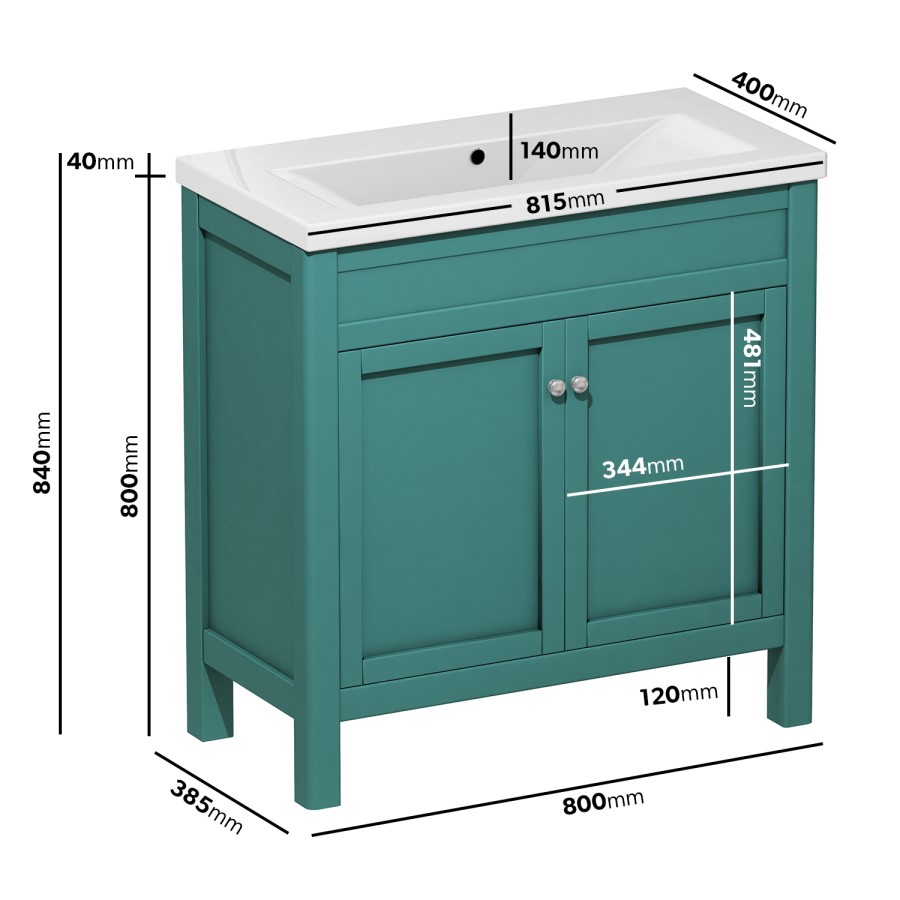 800mm Green Freestanding Vanity Unit with Basin - Avebury