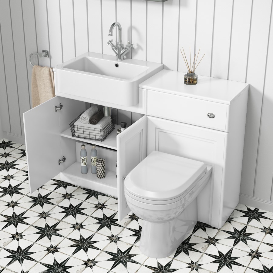 1200mm White Toilet and Sink Unit with Traditional Toilet and Mirrored Wall Cabinet - Westbury