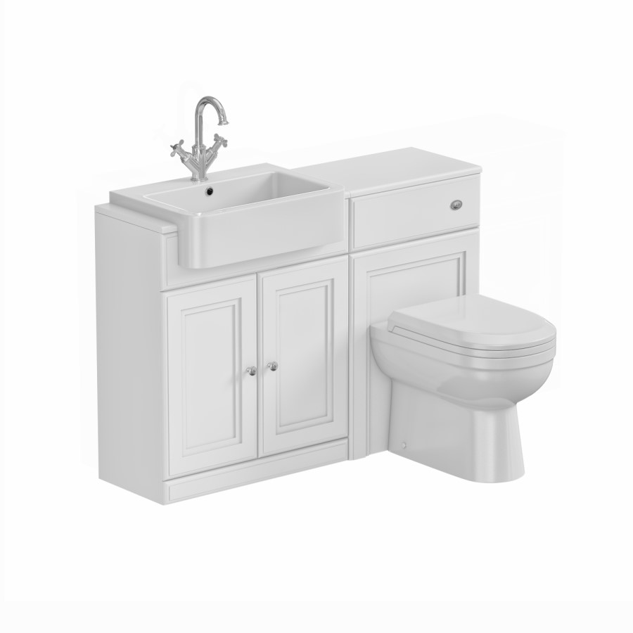 1200mm White Toilet and Sink Unit with Traditional Toilet and Mirrored Wall Cabinet - Westbury