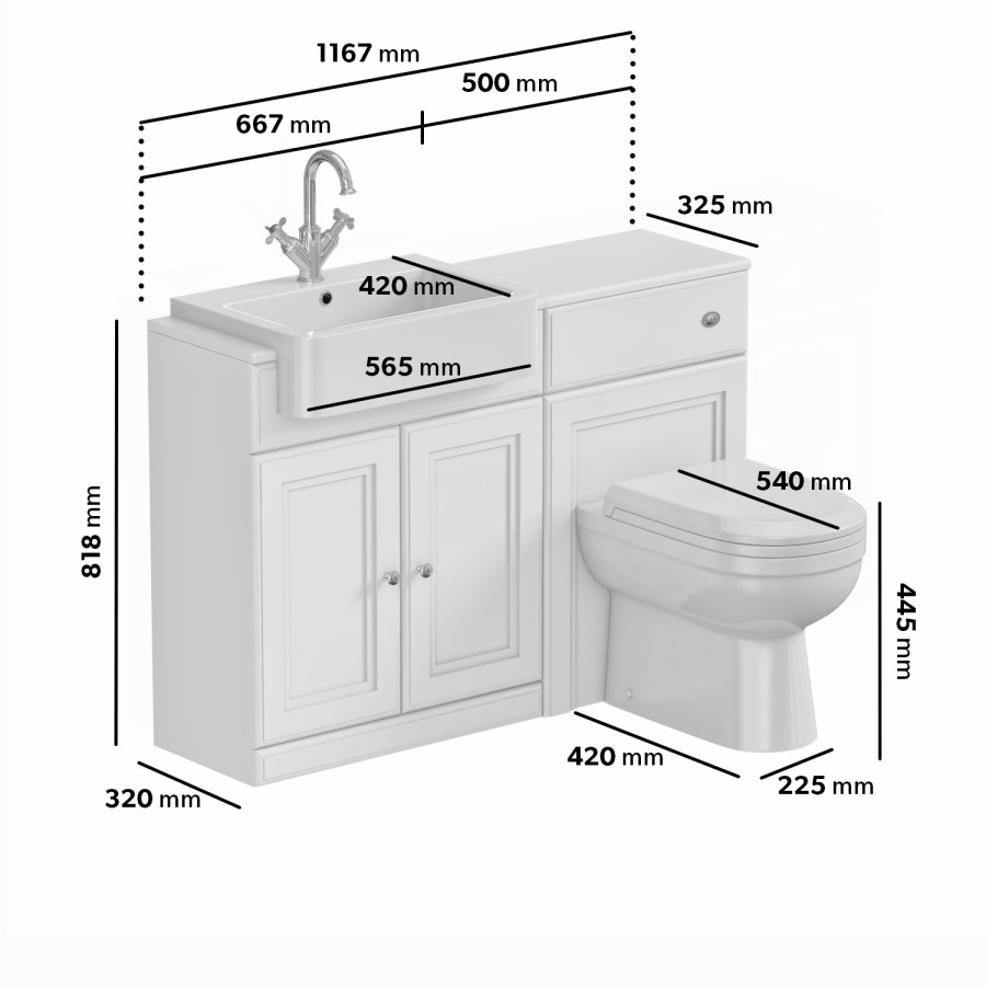 1200mm White Toilet and Sink Unit with Traditional Toilet and Mirrored Wall Cabinet - Westbury