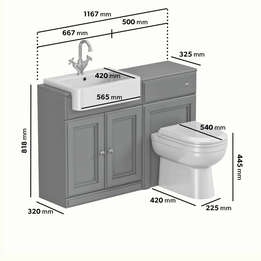 1200mm Grey Toilet and Sink Unit with Round Toilet - Westbury