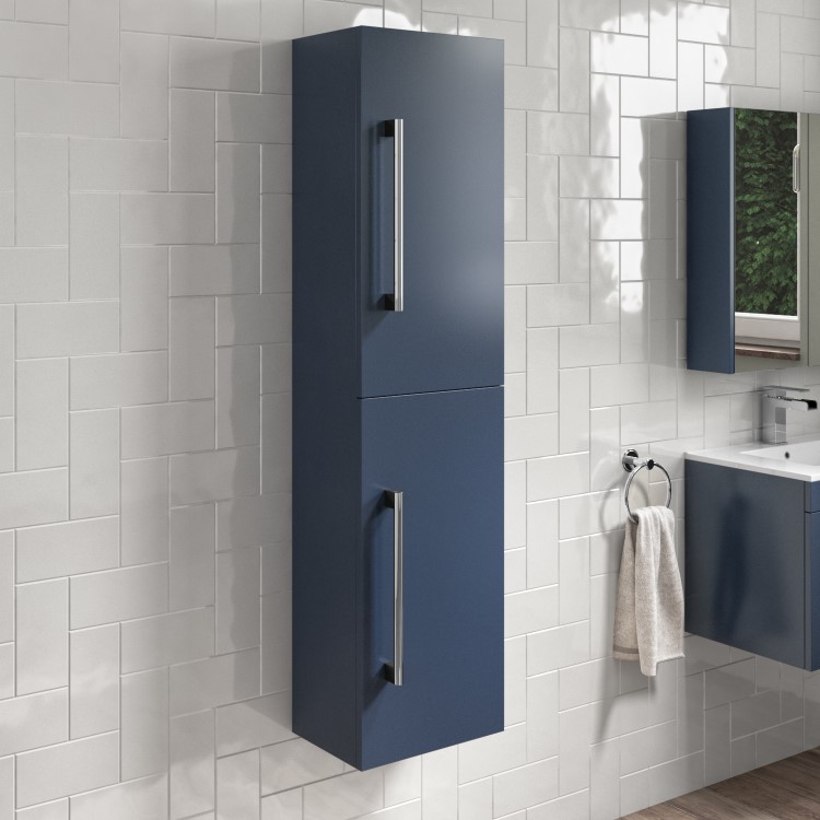 Grade A2 - Double Door Blue Wall Mounted Tall Bathroom Cabinet with Chrome Handles 350 x 1400mm - Ashford