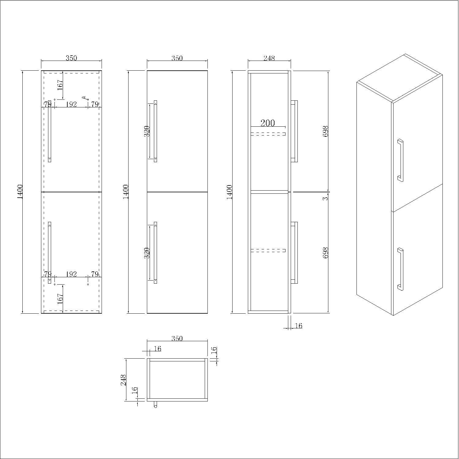 Blue Wall Mounted Tall Bathroom with Chrome Handles 350mm