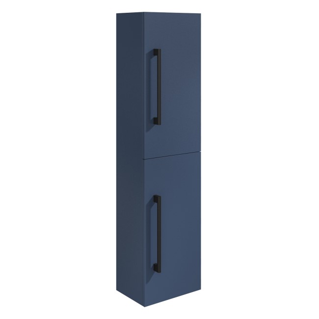 Double Door Blue Wall Mounted Tall Bathroom Cabinet with Black Handles 350 x 1400mm - Ashford