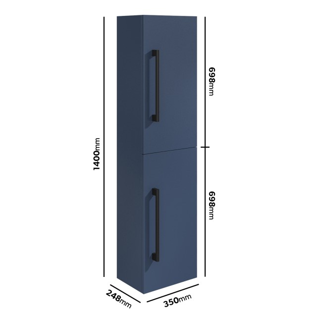 Double Door Blue Wall Mounted Tall Bathroom Cabinet with Black Handles 350 x 1400mm - Ashford