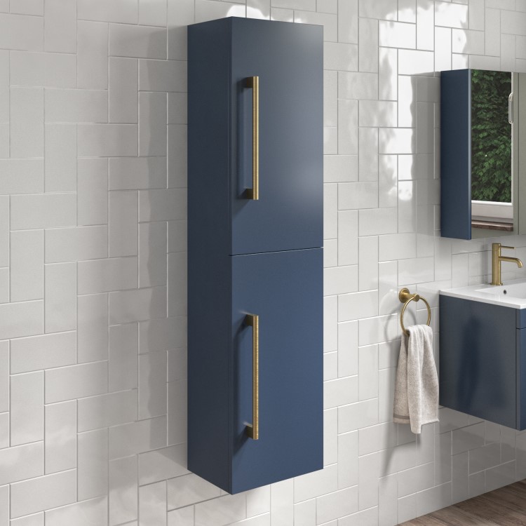 Double Door Blue Wall Mounted Tall Bathroom Cabinet with Brass Handles 350 x 1400mm - Ashford