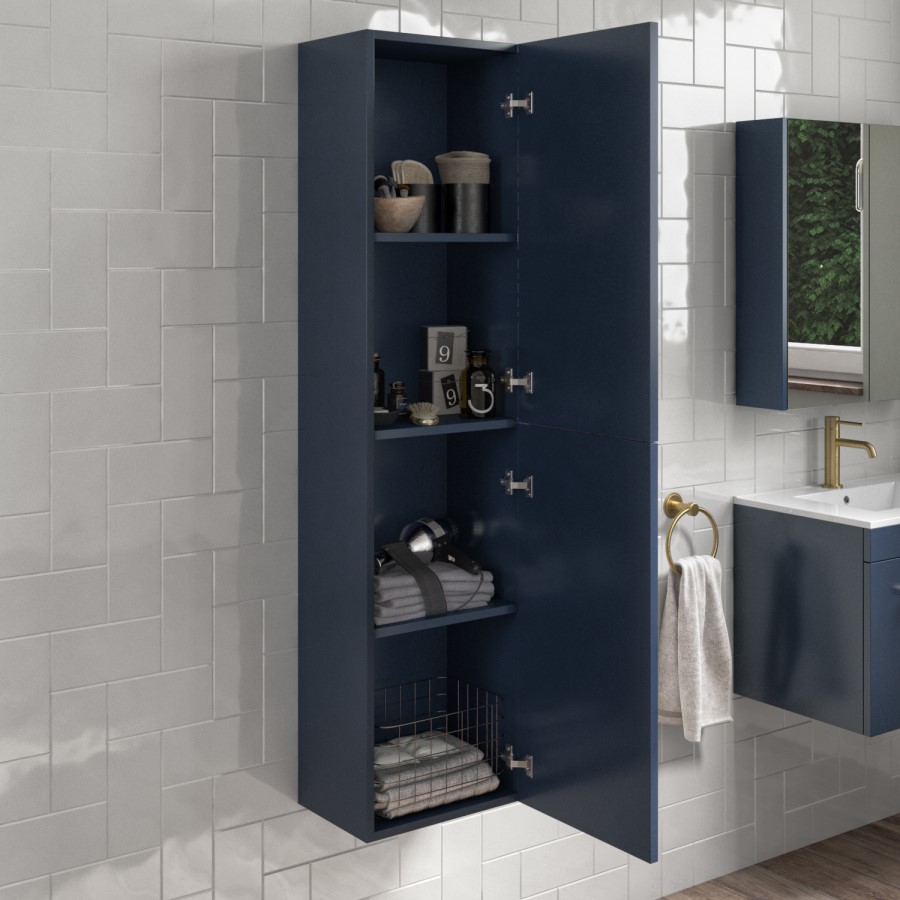 Grade A2 - Double Door Blue Wall Mounted Tall Bathroom Cabinet with Brass Handles 350 x 1400mm - Ashford