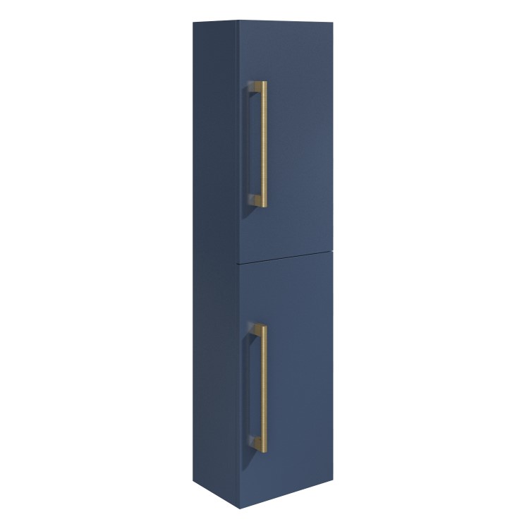 Double Door Blue Wall Mounted Tall Bathroom Cabinet with Brass Handles 350 x 1400mm - Ashford