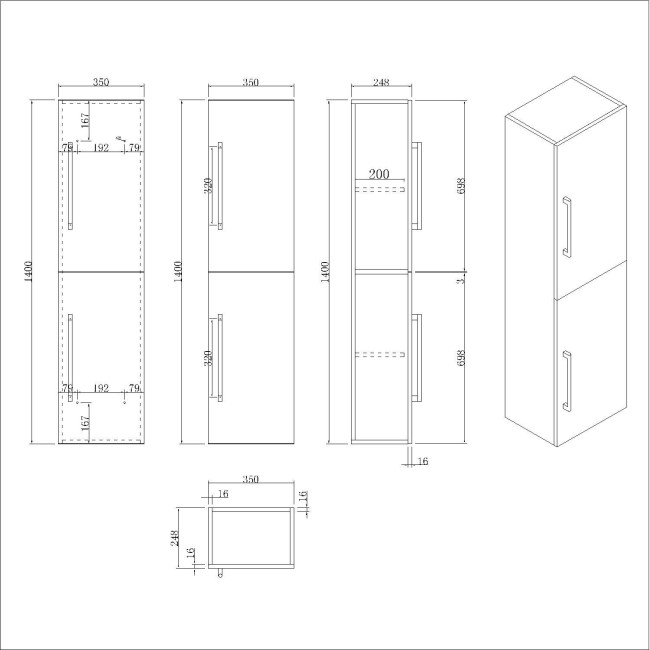 Grade A2 - Double Door Blue Wall Mounted Tall Bathroom Cabinet with Brass Handles 350 x 1400mm - Ashford