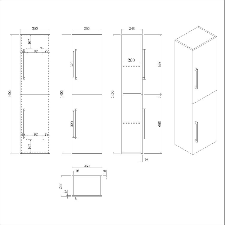 Grade A2 - Double Door Blue Wall Mounted Tall Bathroom Cabinet with Chrome Handles 350 x 1400mm - Ashford