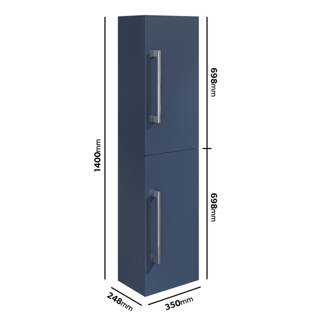 Grade A1 - Double Door Blue Wall Mounted Tall Bathroom Cabinet with Chrome Handles 350 x 1400mm - Ashford