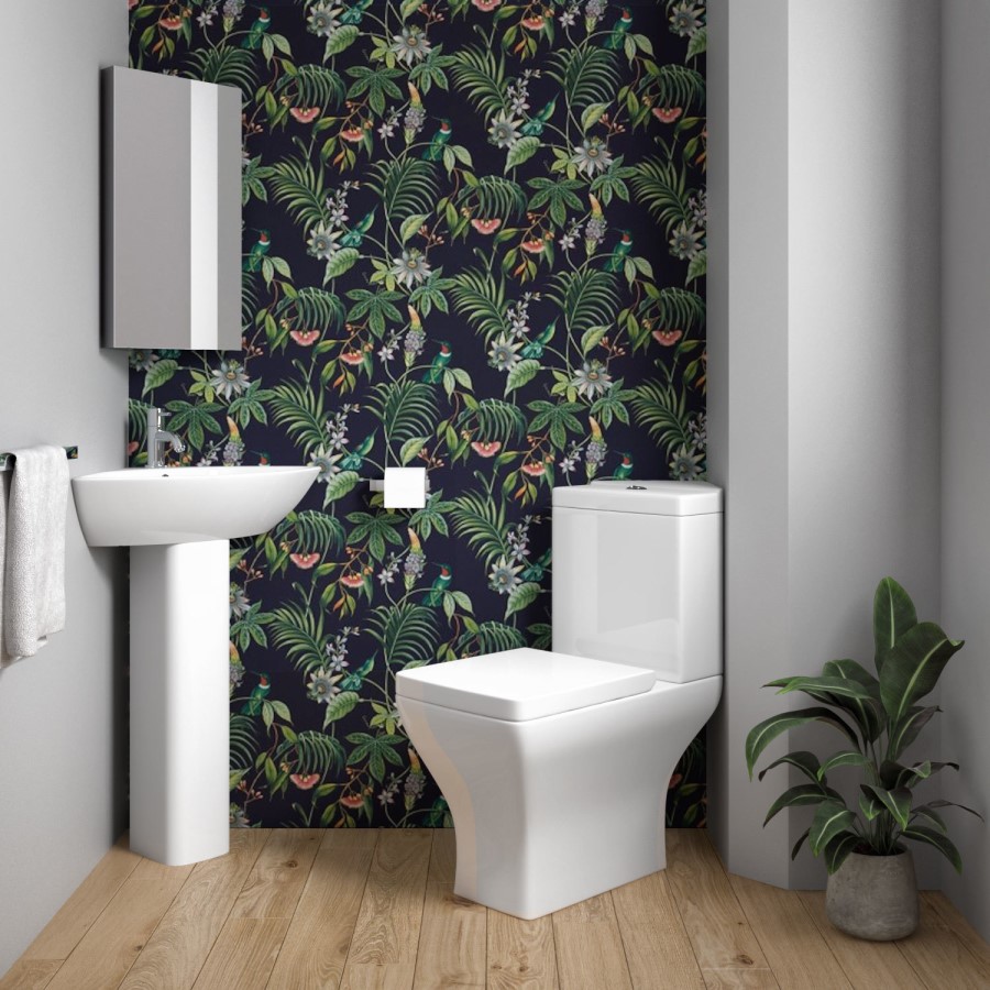 Grade A1 - Cloakroom Suite with Corner Pedestal Basin and Square Close Coupled Toilet