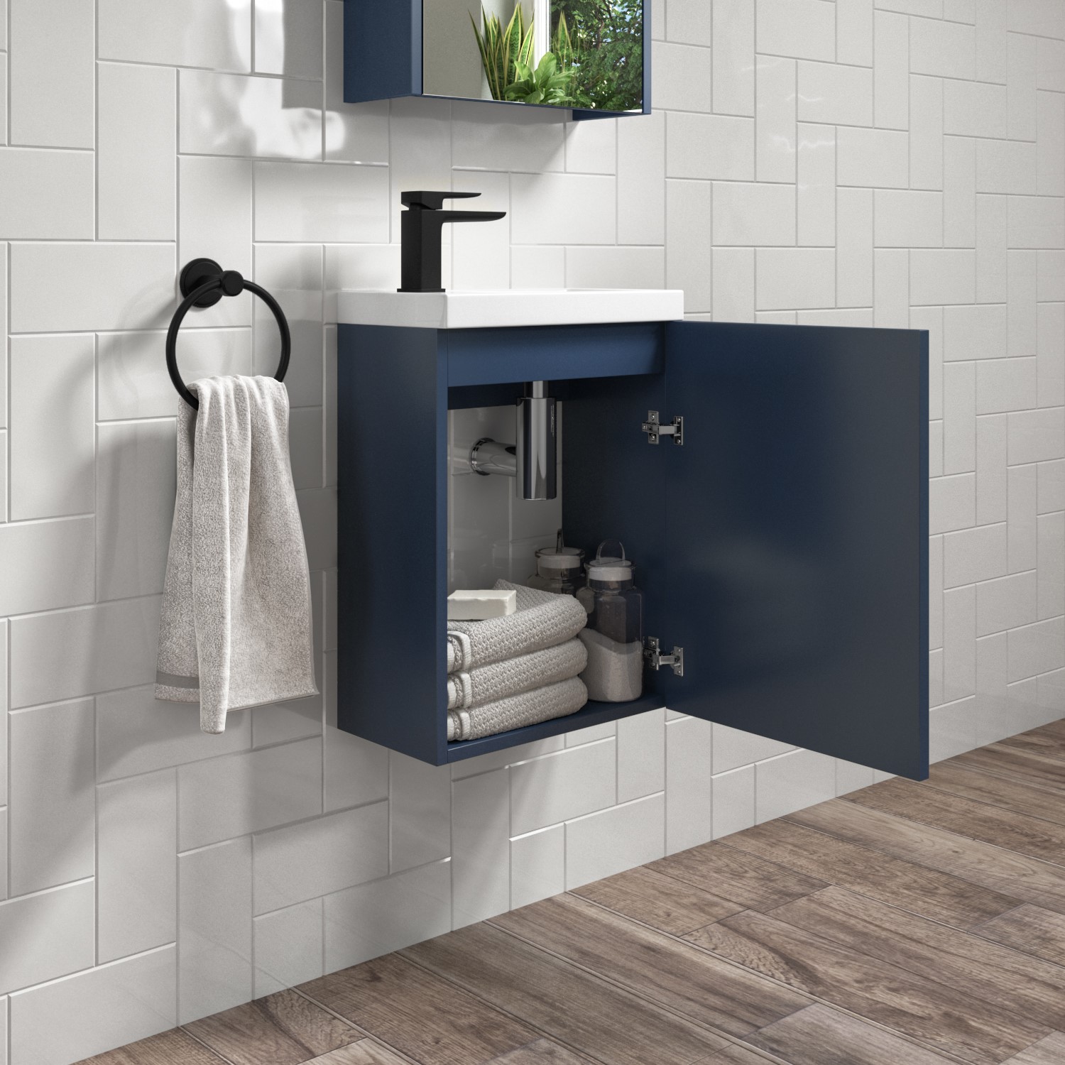 400mm Blue Wall Hung Cloakroom Vanity Unit with Basin and Black Handle