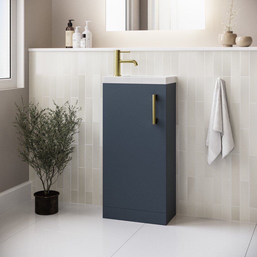 ONLY OPENED - 400mm Blue Cloakroom Freestanding Vanity Unit with Basin and Brass Handle - Ashford