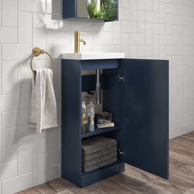 400mm Blue Cloakroom Freestanding Vanity Unit with Basin and Brass Handle - Ashford