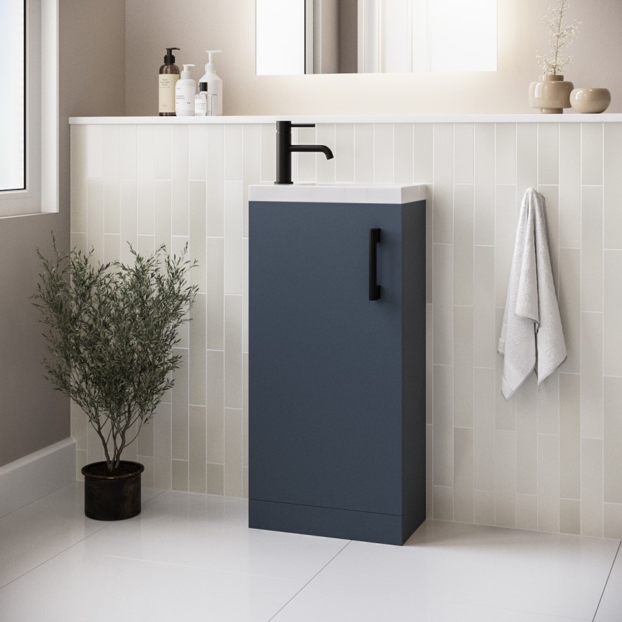ONLY OPENED - 400mm Blue Cloakroom Freestanding Vanity Unit with Basin and Black Handle - Ashford