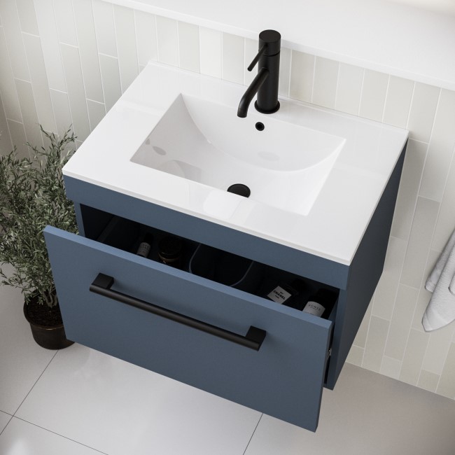 600mm Blue Wall Hung Vanity Unit with Basin and Black Handle - Ashford