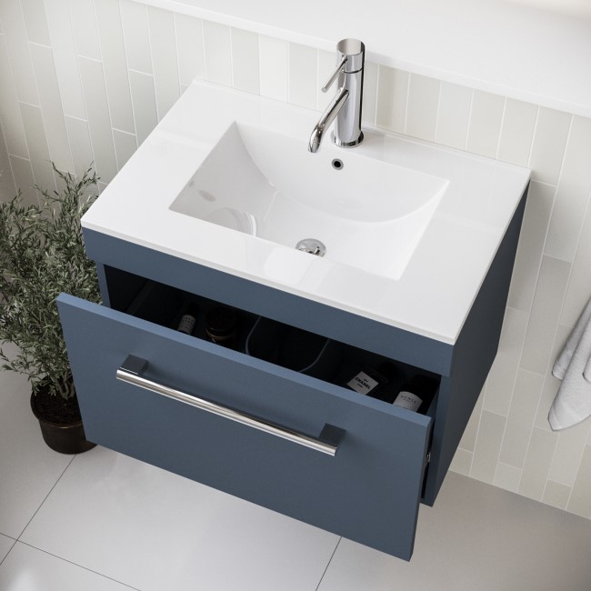 600mm Blue Wall Hung Vanity Unit with Basin and Chrome Handle - Ashford