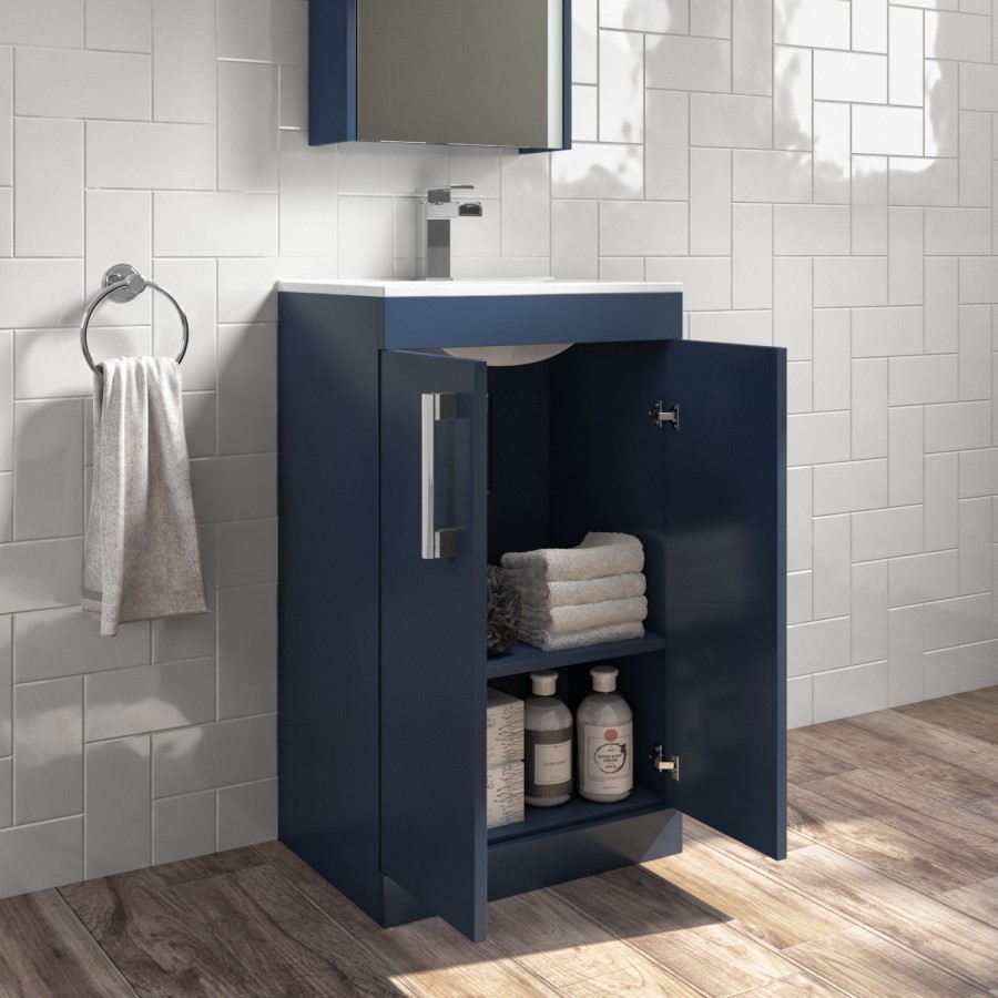 Grade A2 - 500mm Blue Freestanding Vanity Unit with Basin and Chrome Handle - Ashford