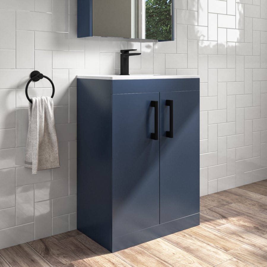 Grade A2 - 600mm Blue Freestanding Vanity Unit with Basin and Black Handle - Ashford