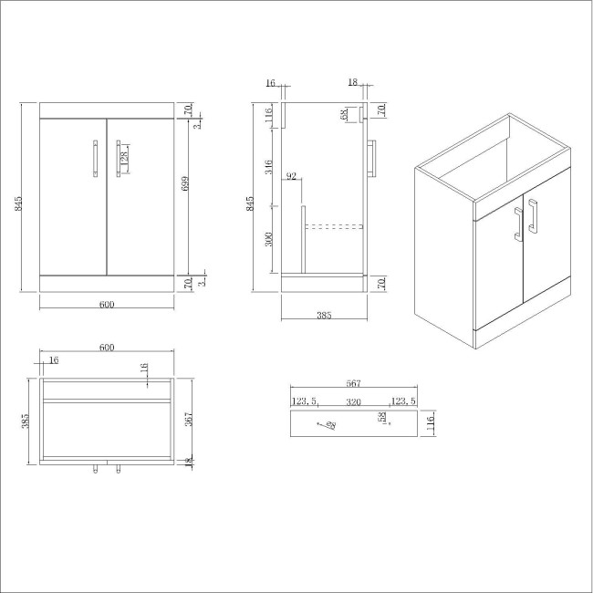 600mm White Freestanding Vanity Unit with Basin and Black Handle - Ashford