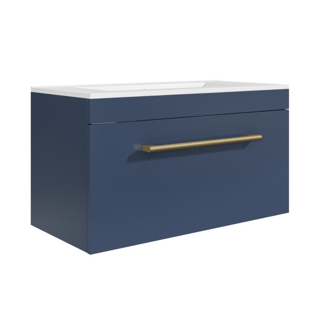 800mm Blue Wall Hung Vanity Unit with Basin and Brass Handle - Ashford