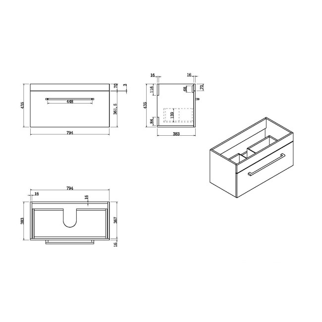 800mm Grey Wall Hung Vanity Unit with Basin and Black Handles - Ashford