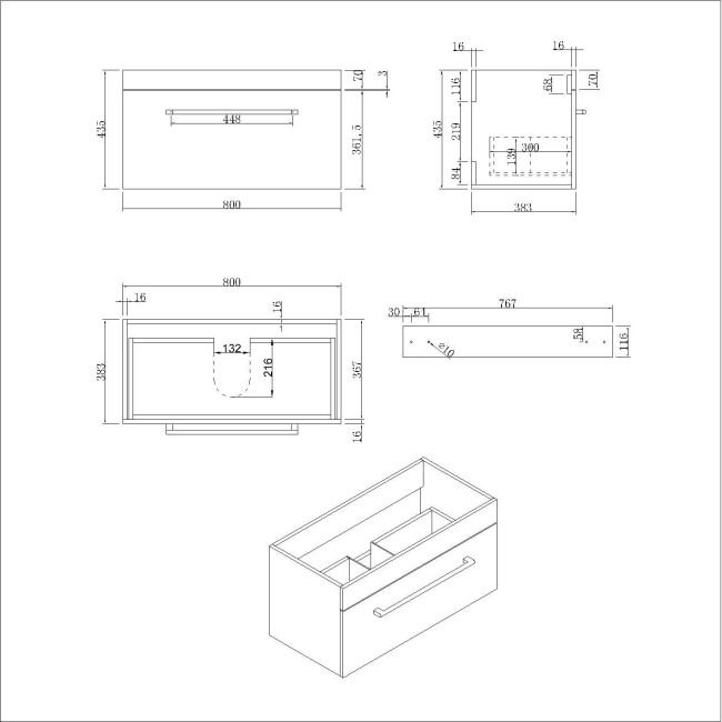 800mm White Wall Hung Vanity Unit with Basin and Brass Handles - Ashford