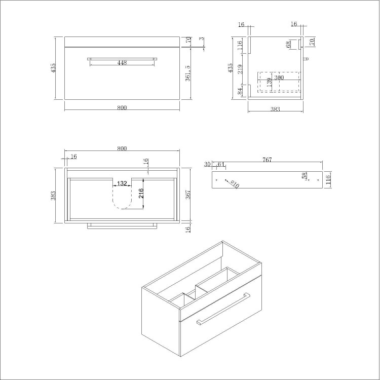 800mm White Wall Hung Vanity Unit with Basin and Black Handles - Ashford