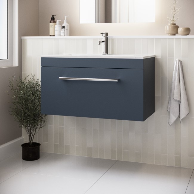 800mm Blue Wall Hung Vanity Unit with Basin and Chrome Handle - Ashford