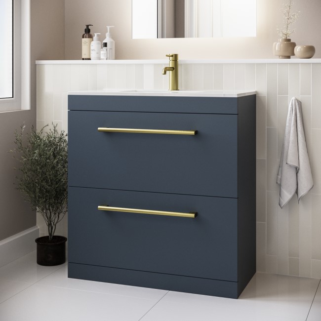 800mm Blue Freestanding Vanity Unit with Basin and Brass Handle - Ashford