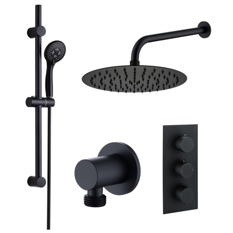 Black Concealed Shower Mixer with Triple Control & Round Wall Mounted Head and Handset - Arissa