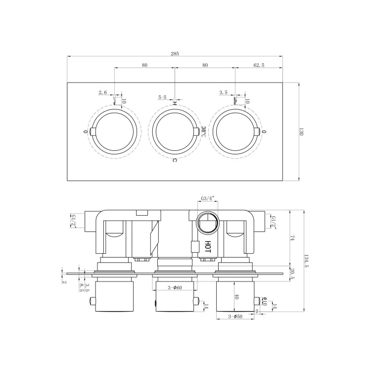 Black Concealed Shower Mixer with Triple Control & Round Wall Mounted Head and Handset - Arissa