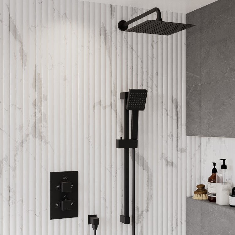 Black Dual Outlet Wall Mounted  Thermostatic Mixer Shower Set with Hand Shower - Zana