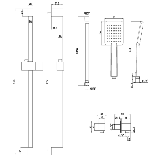 Black Dual Outlet Wall Mounted  Thermostatic Mixer Shower Set with Hand Shower - Zana