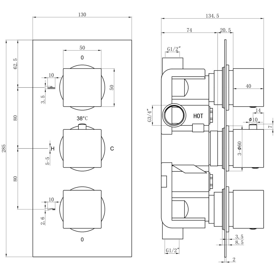 Black Concealed Shower Mixer with Triple Control & Square Ceiling Mounted Head – Zana