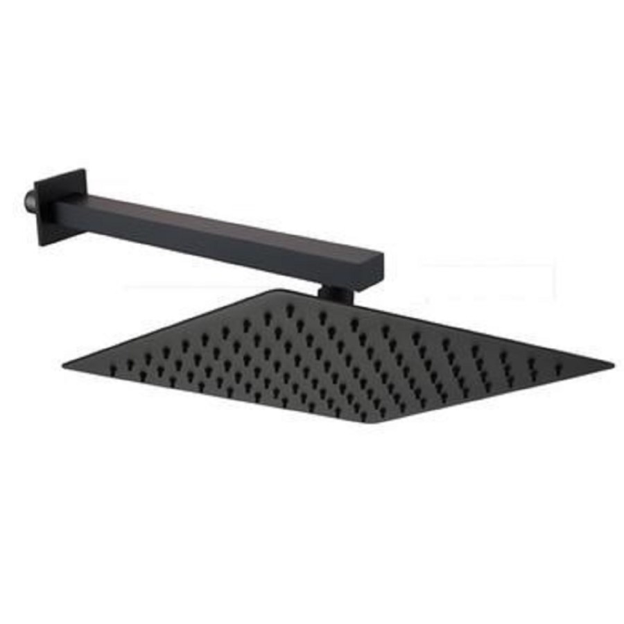 Grade A1 - Black 250mm Slim Square Shower Head and Wall Arm - Zana