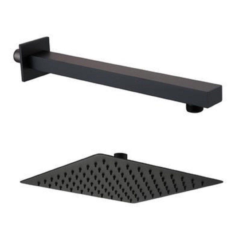 Grade A1 - Black 250mm Slim Square Shower Head and Wall Arm - Zana
